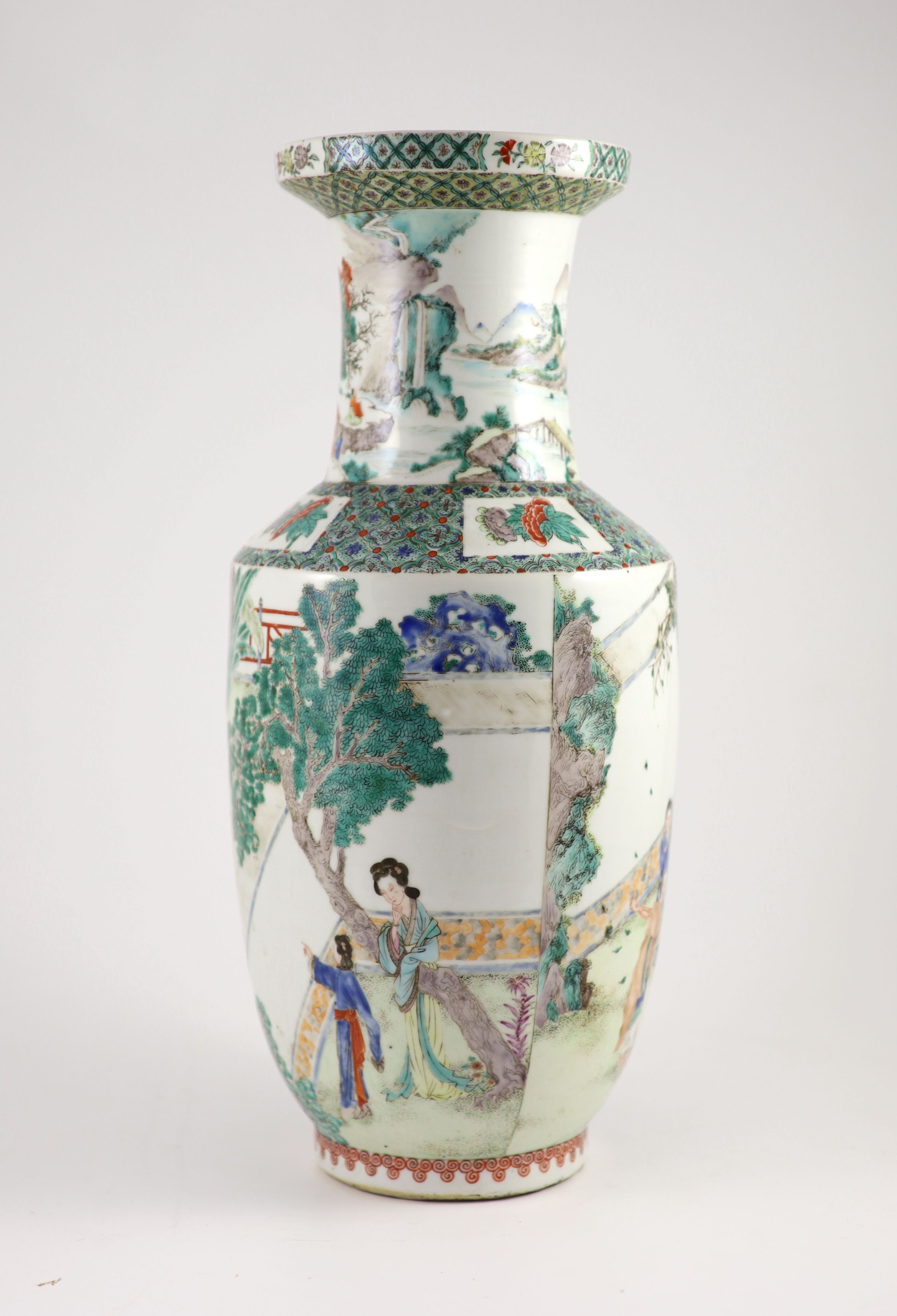 A Chinese famille verte rouleau vase, late 19th century, 43.5cm high, small splinter chip to rim